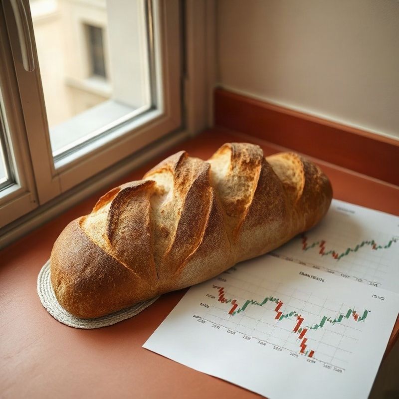 Pan artesanal sobre una superficie rosada junto a gráficos impresos de índices de precios