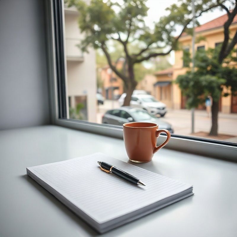Escritorio de un periodista con cuaderno y taza junto a una ventana en Salto